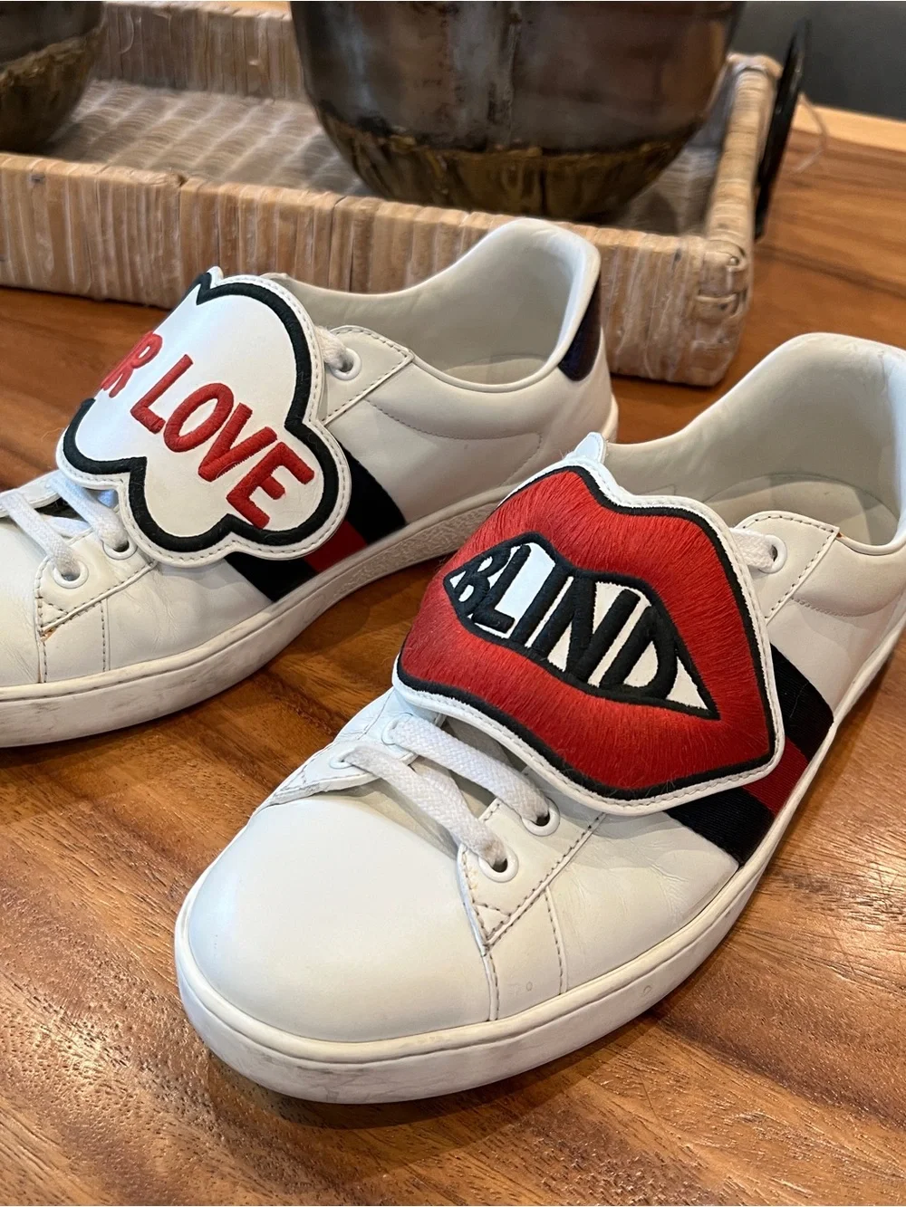 GUCCI Ace Sneakers “Blind For Love” 470012 White Leather Size 42 /US 9 Authentic - Picture 2 of 11